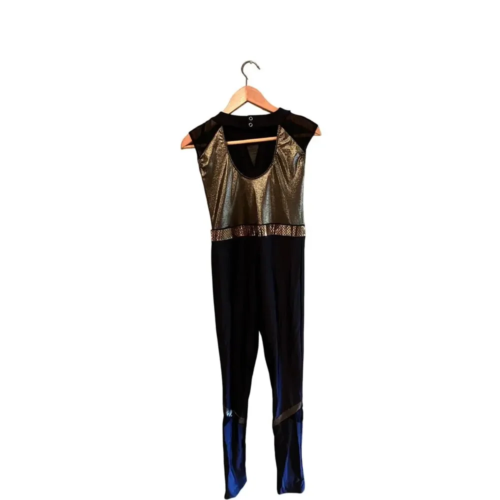 Revolution Dance Costume XLC Gold Black Level Up RC20969 Jazz Unitard Studded‎